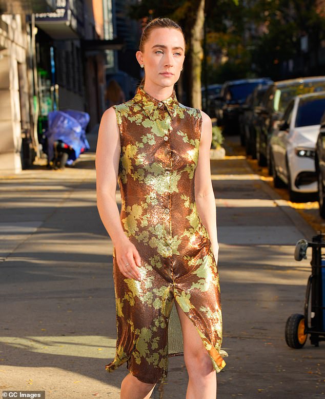 The collared dress sparkled in the light thanks to thousands of delicate brown and gold beads arranged to create charming floral designs.