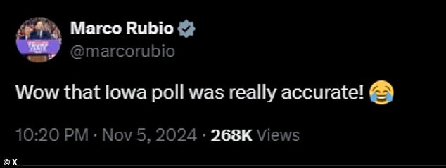 Sen. Marco Rubio blasted the Des Moines Register poll that was released days before the presidential election and showed Trump losing to Vice President Kamala Harris.