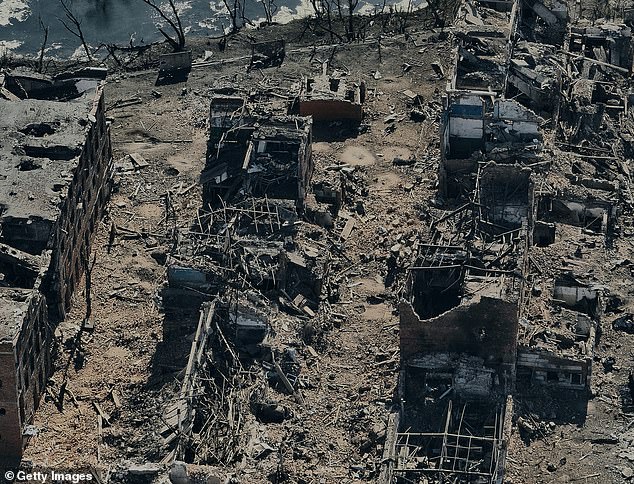 An aerial view shows the destroyed city of Vovchansk in the Kharkiv region, near the border with Russia, on October 2, 2024 in Vovchansk, Ukraine.