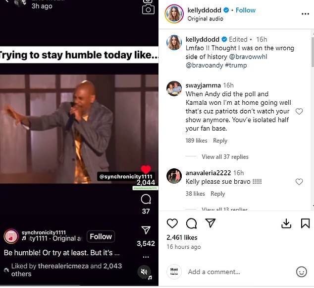 Dodd, a strong supporter of the president-elect, also shared a post on her own Instagram page and tagged Cohen while continuing to troll him for supporting Harris. The reality star shared a video of comedian Dave Chappelle making the crowd laugh along with the caption: 