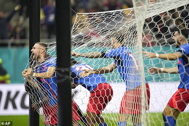 FCSB players celebrated wildly inside the goal after doubling their lead against Midtjylland.