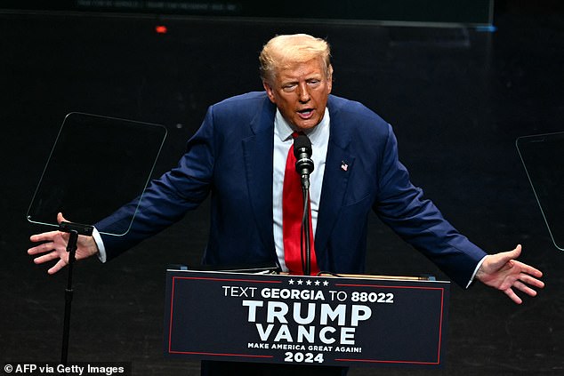 Former US president and Republican presidential candidate Donald Trump speaks during a campaign rally at the Johnny Mercer Theater Civic Center in Savannah, Georgia.