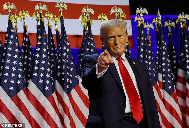 Republican presidential candidate and former US President Donald Trump takes the stage to address supporters at his rally at the Palm Beach County Convention Center in West Palm Beach, Florida, US, on November 6, 2024.