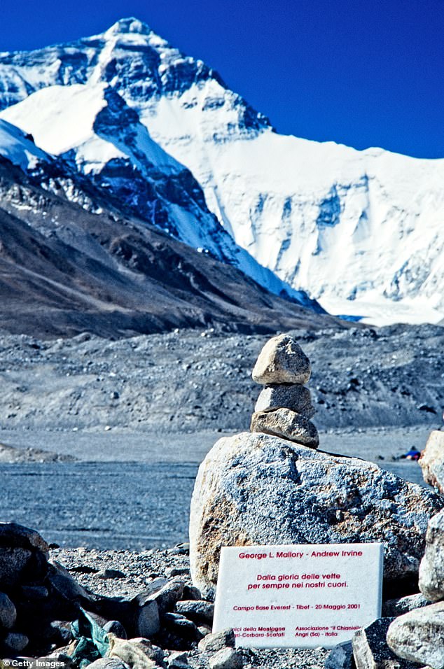 A plaque commemorating George Mallory and Andrew Irvine placed on Mount Everest by Italian climbers. The inscription says 