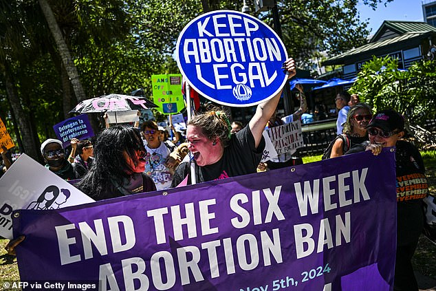 Abortion rights activists participate in the "Demonstration for our freedom" to protect Floridians' right to abortion, in Orlando, Florida, on April 13, 2024