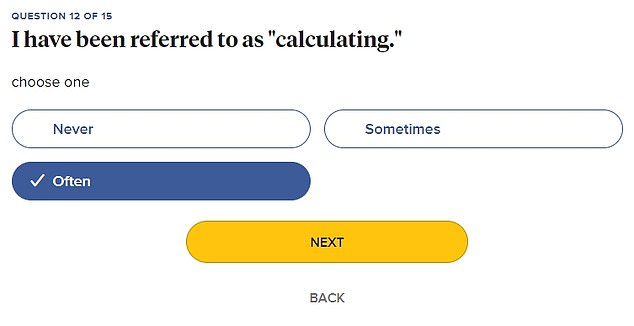 Asks if you tend to manipulate others to get your way, if you are cynical, if you need to be the center of attention, and if you have been referred to as 