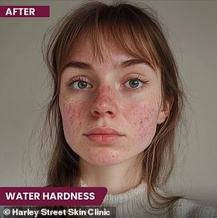 The image above is an AI-generated image that demonstrates how hard water, or water that contains a lot of dissolved minerals, could damage facial skin.