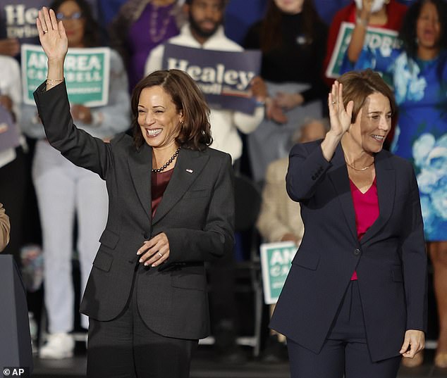 Healey seen with Vice President Kamala Harris at a rally in November 2022