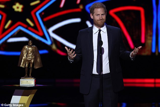 Prince Harry, Duke of Sussex, presents the Walter Payton Man of the Year Award at the 13th annual NFL Honors Ceremony on February 8, 2024 in Las Vegas.