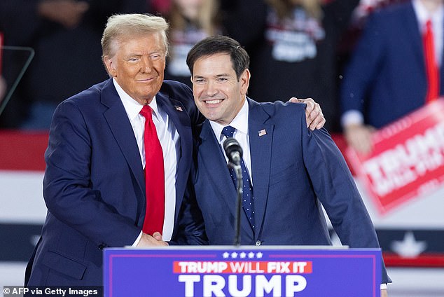 Donald Trump greets Sen. Marco Rubio, R-Fla., during a campaign rally at the JS Dorton Arena in Raleigh, North Carolina, on Nov. 4, 2024.