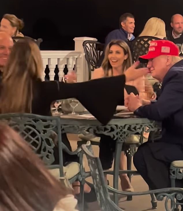 Trump smiles at Flicker as they dance to the song 'Trump Won' at Mar-a-Lago with his lawyer Alina Habba and Flicker's husband, Michael Campanella. It was Habba who introduced Flicker to the president-elect.