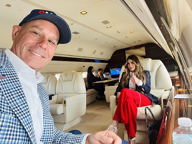 Flicker and Campanella in 'Trump Force Two', his campaign plane, en route to a rally in February