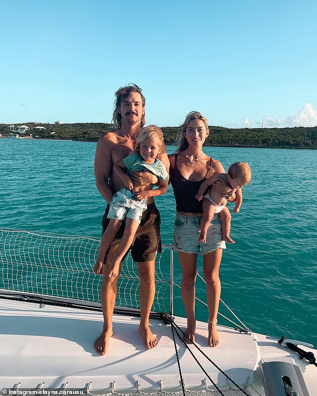 Riley Whitelum (pictured left) and Elayna Carausu along with children Lenny and Darwin aboard the catamaran La Vagabonde