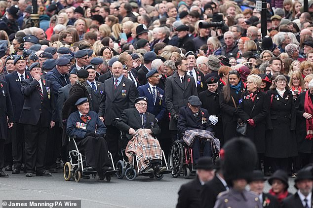 Military veterans have gathered in Whitehall, central London, for the cenotaph service.