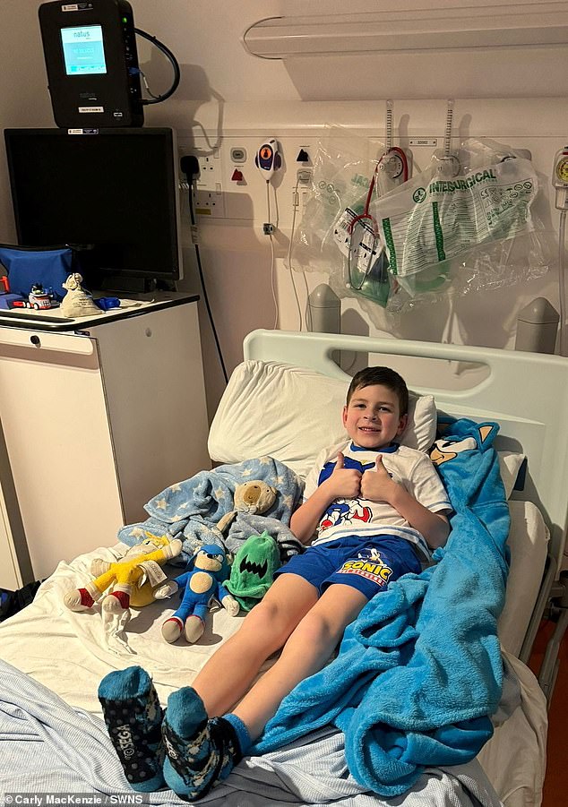 Mason MacKenzie in the hospital. Mason underwent the scan in March and two days later Carly received a call from the Royal Infirmary in Edinburgh and was told to come straight away.