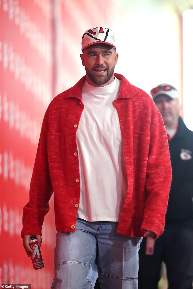 Just an hour earlier Kelce had arrived - also in red - while preparing to face the Denver Broncos.