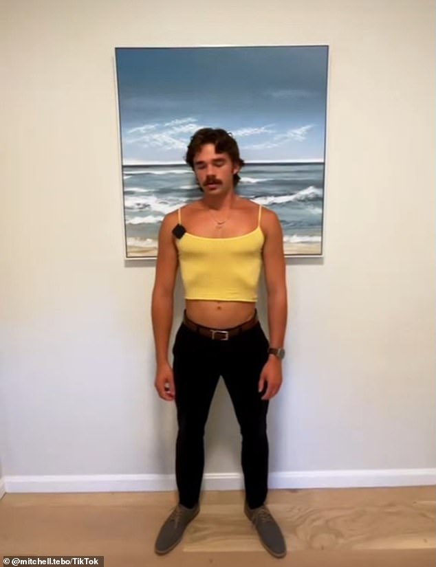 Tebo was standing in a crop top during one of his skits (pictured). The real estate agency stated that the 'hook' of the videos is the most important part