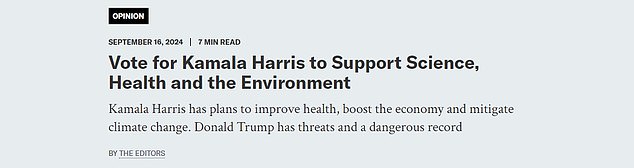 Scientific American endorsed Kamala Harris for president in September and asked readers to vote Democratic 