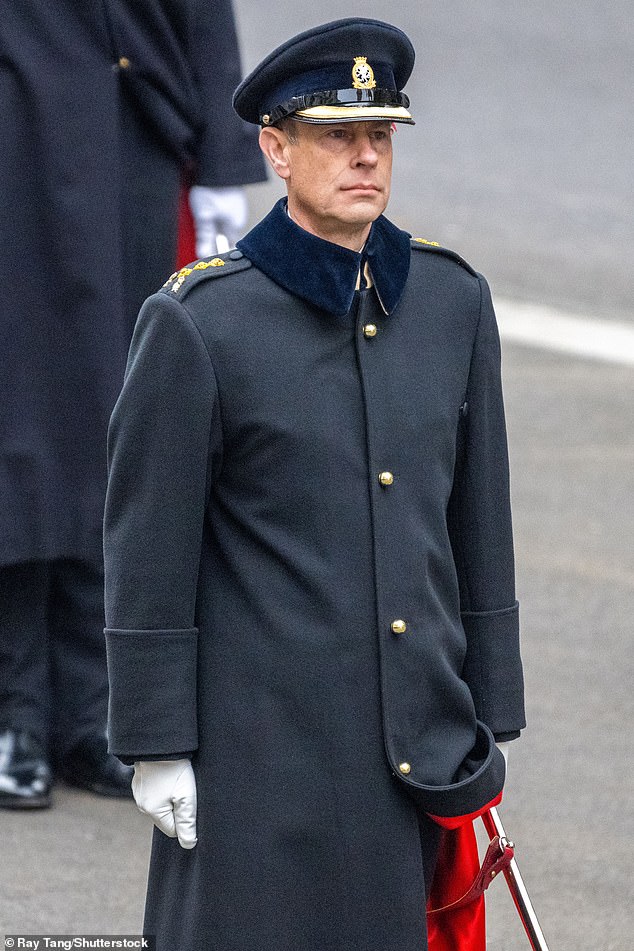 Prince Edward, 60, who holds eight military positions, wore a military-style coat with epaulets.