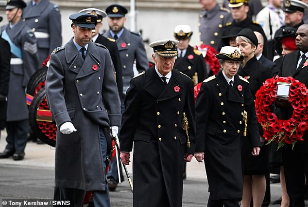 King Charles, the Prince of Wales and the Princess Royal join veterans and dignitaries at the Cenotaph