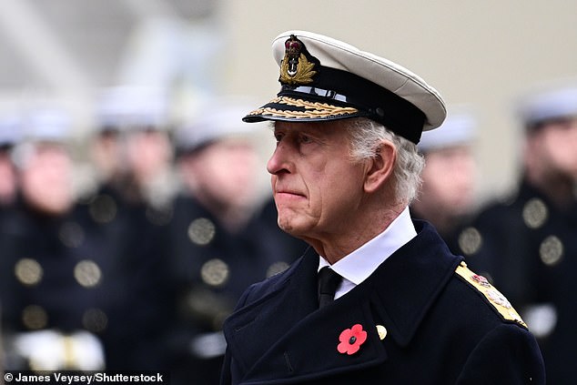 King Charles seemed moved as he looked solemnly towards the cenotaph in remembrance.