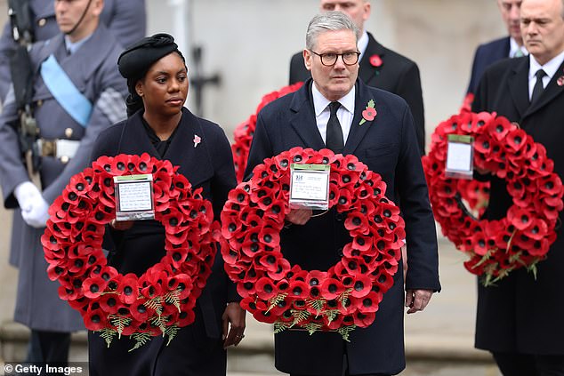 Kemi Badenoch and Prime Minister Keir Starmer carry wreaths to lay at the Cenotaph