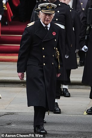 King Charles III during the Remembrance Sunday service at the Cenotaph