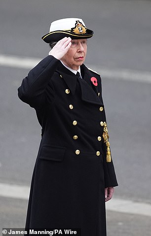 The Princess Royal salutes during Remembrance Sunday