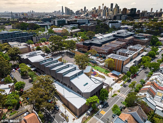 The school (pictured) features a sawtooth roof and large curved metal screens that allow students to enjoy natural light while also offering privacy.