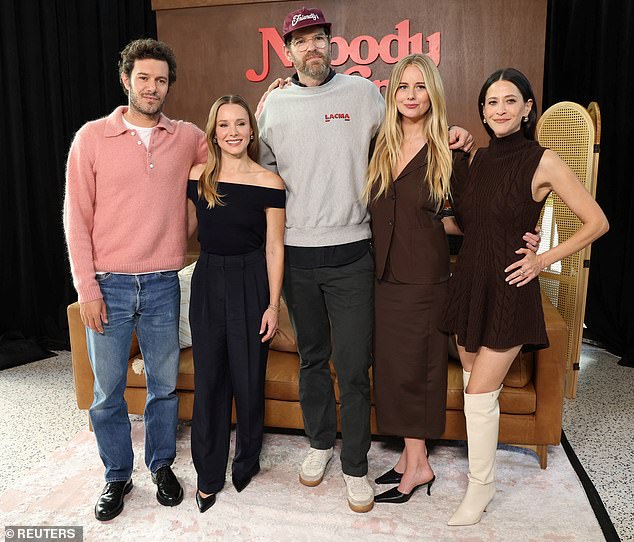 The two leading stars joined together for a group photo during the Netflix photo shoot with their co-stars (left) Timothy Simons, Justine Lupe and Jackie Tohn.