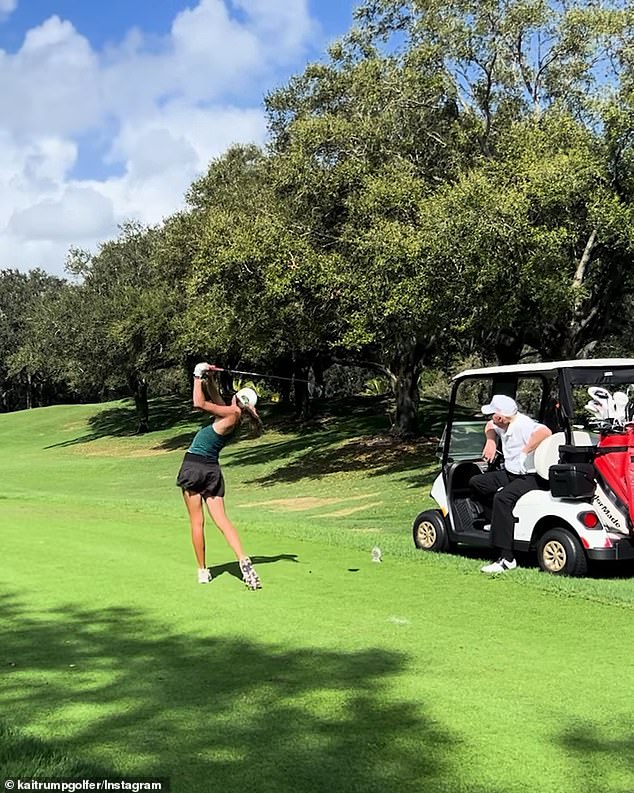 In a series of short video clips, Donald could be seen watching from his golf cart, appearing to analyze Kai's swing as his granddaughter hit a series of shots down the fairway.