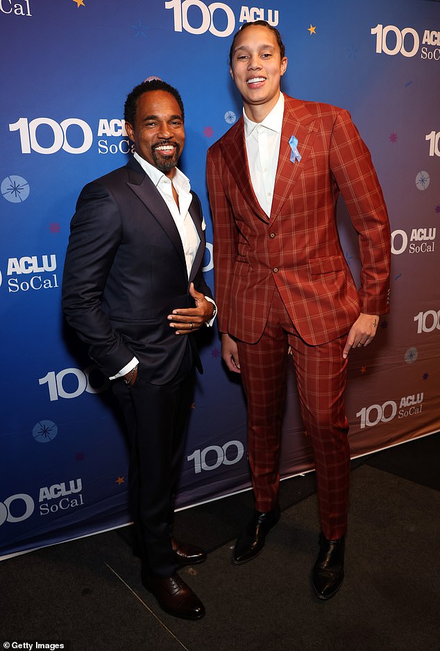 WNBA star and honoree Brittney Griner added some color to the red carpet with her striking crimson plaid suit. She posed with actor Jason Winston, who opted for a navy blue suit with peak lapels.