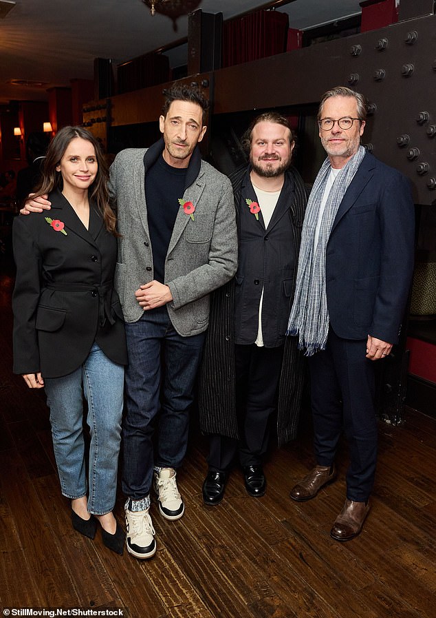 The actress was joined at the film event by her co-stars and director Adrien Brody, Brady Corbet and Guy Pearce (LR).