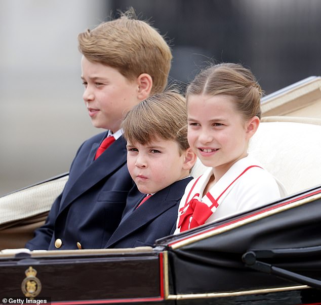 Charlotte has already won the hearts of royal fans across the country. Pictured: The princess attends Trooping the Color in 2023 with her older brother Prince George (left) and younger brother Prince Louis (center).