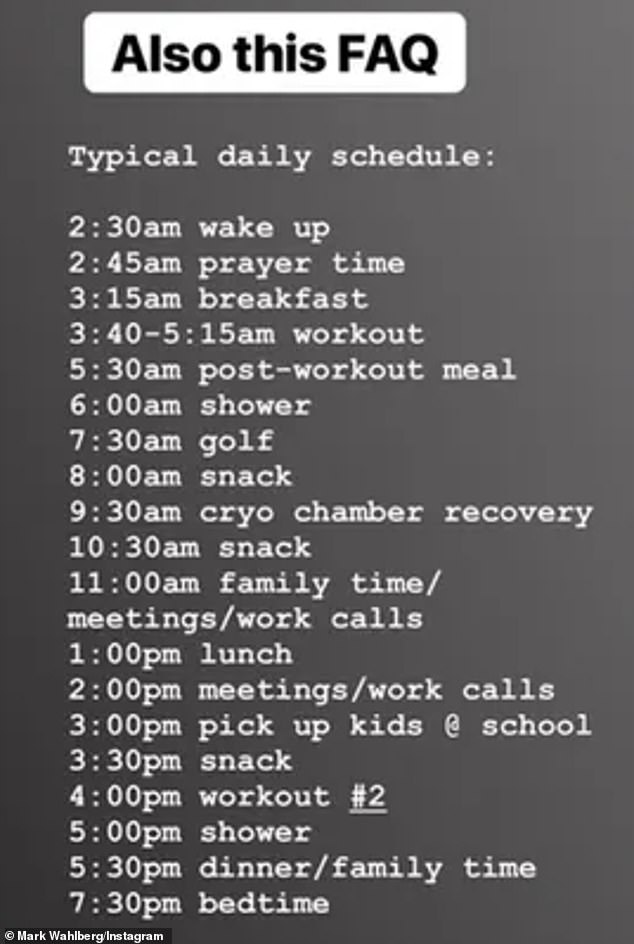 The movie star first opened up about his abnormal schedule in 2018. At the time, he said he got up at 2:30 a.m. and was in the gym at 4 a.m., training for more than an hour.