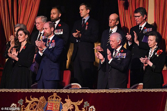 The Duke of Kent, behind King Charles III, and Vice-Admiral Sir Tim Laurence, behind Princess Anne, were also seen in the royal box.