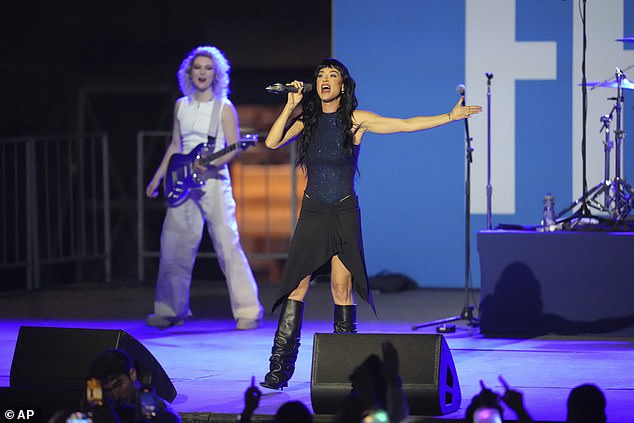 Katy Perry performs during a campaign rally for Democratic vice president presidential candidate Kamala Harris at Carrie Blast Furnaces in Pittsburgh on Nov. 4, 2024.