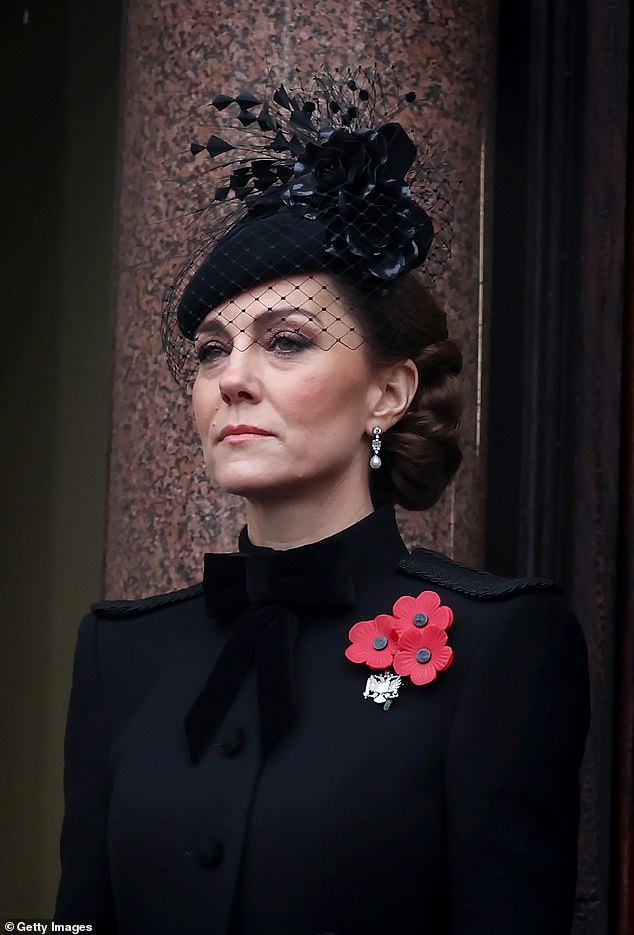 The Princess of Wales joined the King and Prince of Wales in London yesterday as they led the nation in remembering Britain's war dead.