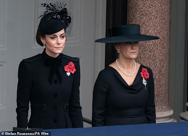 The Princess of Wales appears alongside the Duchess of Edinburgh during the Remembrance Sunday service.