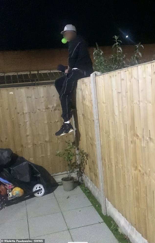 Pictured: A partygoer, sitting on neighbor Wioletta Pawlowska's fence. He described the parties as 