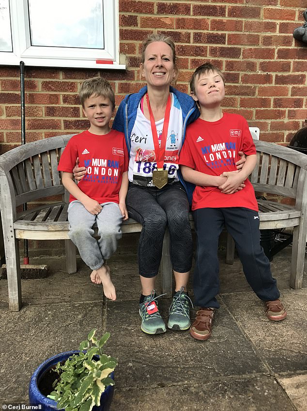 Ceri, who has run the London Marathon four times, hopes her son's achievement will further break stereotypes and encourage others to follow their dreams (left to right: Lloyd's brother, Finlay, Ceri and Lloyd).