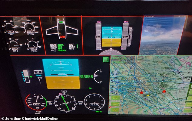 Inside the simulator cockpit, the pilot is presented with additional metrics, including a map of the flight path.