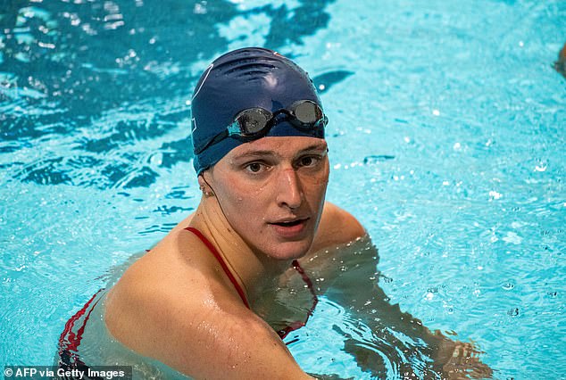 Lia Thomas, a transgender woman, finishes the 200-meter freestyle for the University of Pennsylvania at an Ivy League swimming meet against Harvard University in Cambridge, Massachusetts, on January 22, 2022.