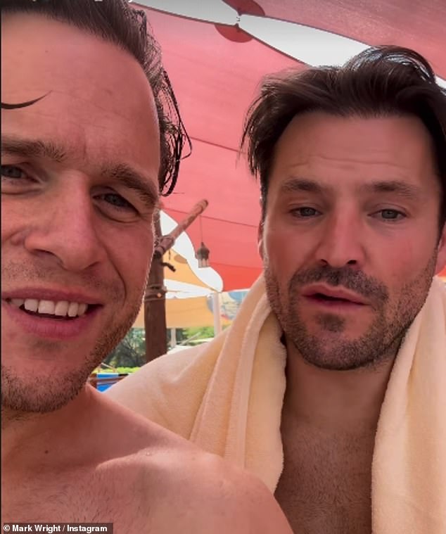 The former soap actress, 37, and the reality star (right), also 37, who were joined by their friend Olly Murs (left), have been together for more than a decade and tied the knot in a £1 million in Suffolk in 2015.