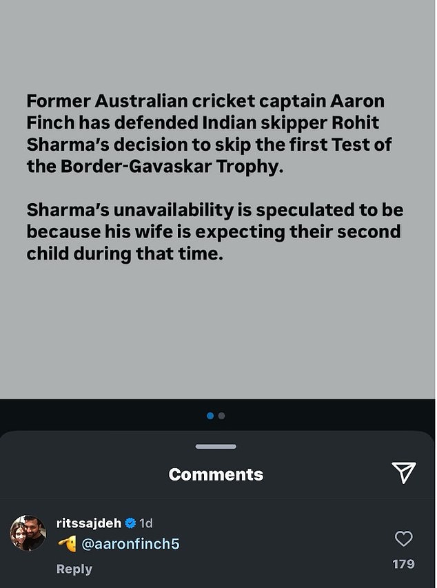 Later, Sharma's wife greeted former Australian T20I captain Finch on Instagram.