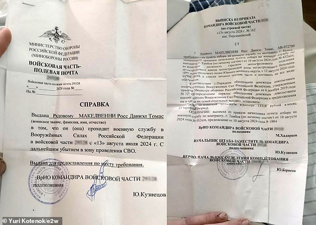 A certificate circulating on Telegram appeared to confirm that he was performing military service as a private in the Armed Forces of the Russian Federation.