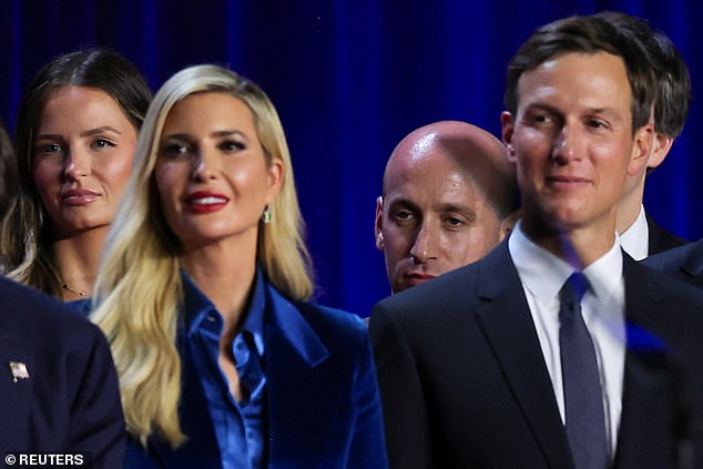 Stephen Miller, Ivanka Trump and Jared Kushner listen as Republican presidential candidate and former US President Donald Trump speaks on stage following the first results of the 2024 presidential election.