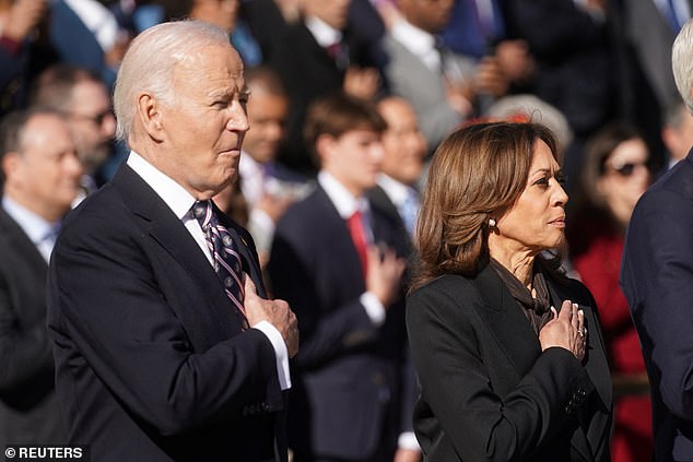 President Joe Biden (left) and Vice President Kamala Harris (right) participated in a ceremony Monday morning to mark Veterans Day at Arlington National Cemetery.