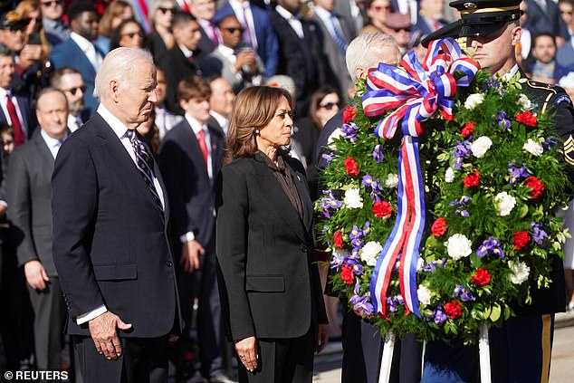 President Joe Biden and Vice President Kamala Harris participate in a wreath-laying ceremony at the Tomb of the Unknown Soldier at Arlington National Cemetery on Veterans Day.