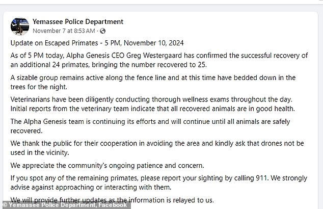 The Yemassee Police Department has been providing regular updates on the status of the monkeys. A November 7 update reported: 